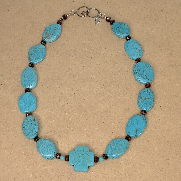 Vintage Jewelry - Vintage Turquoise Cross Necklace with Elegant Turquoise Color Stones